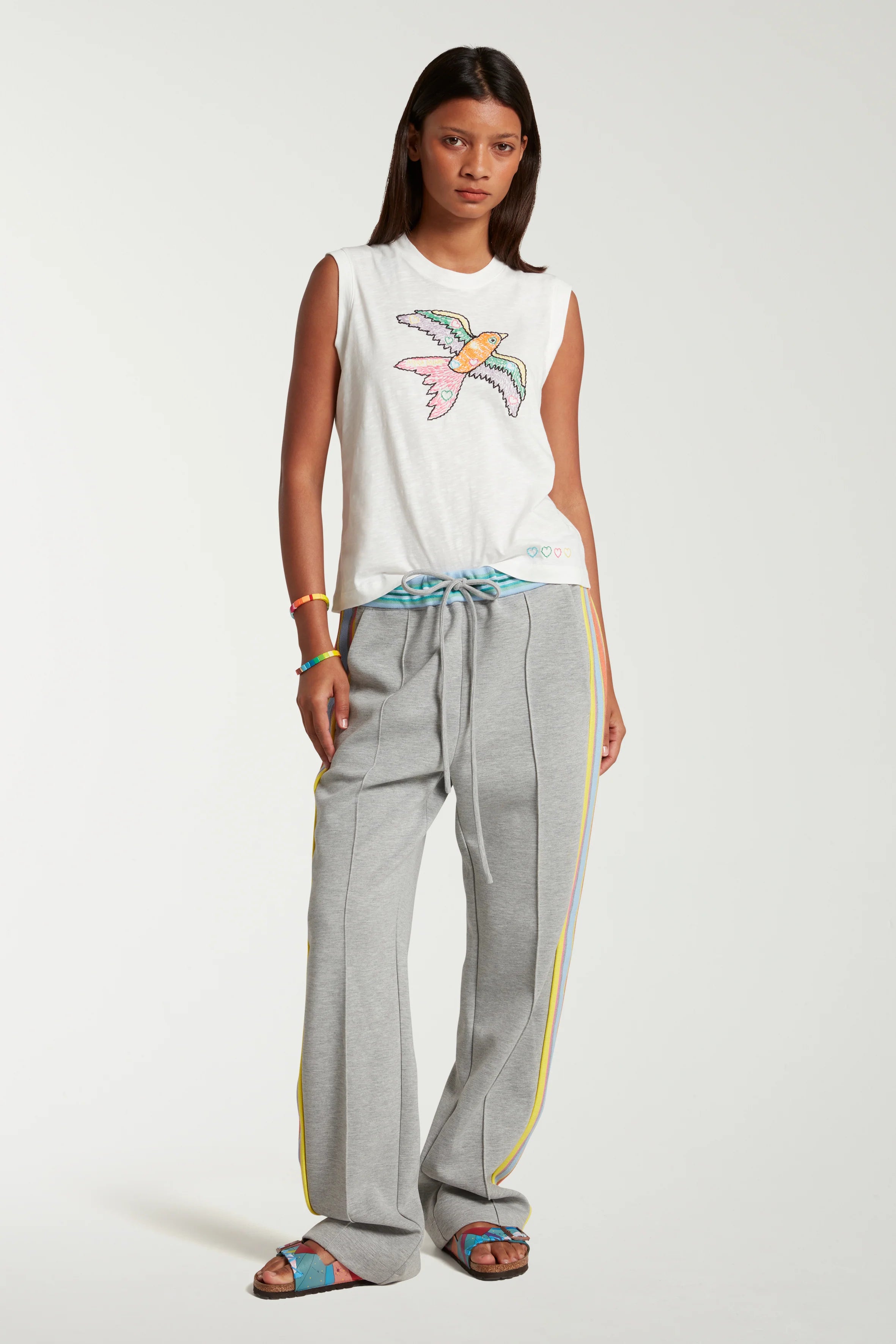 Embroidered Bird Sleeveless T-Shirt