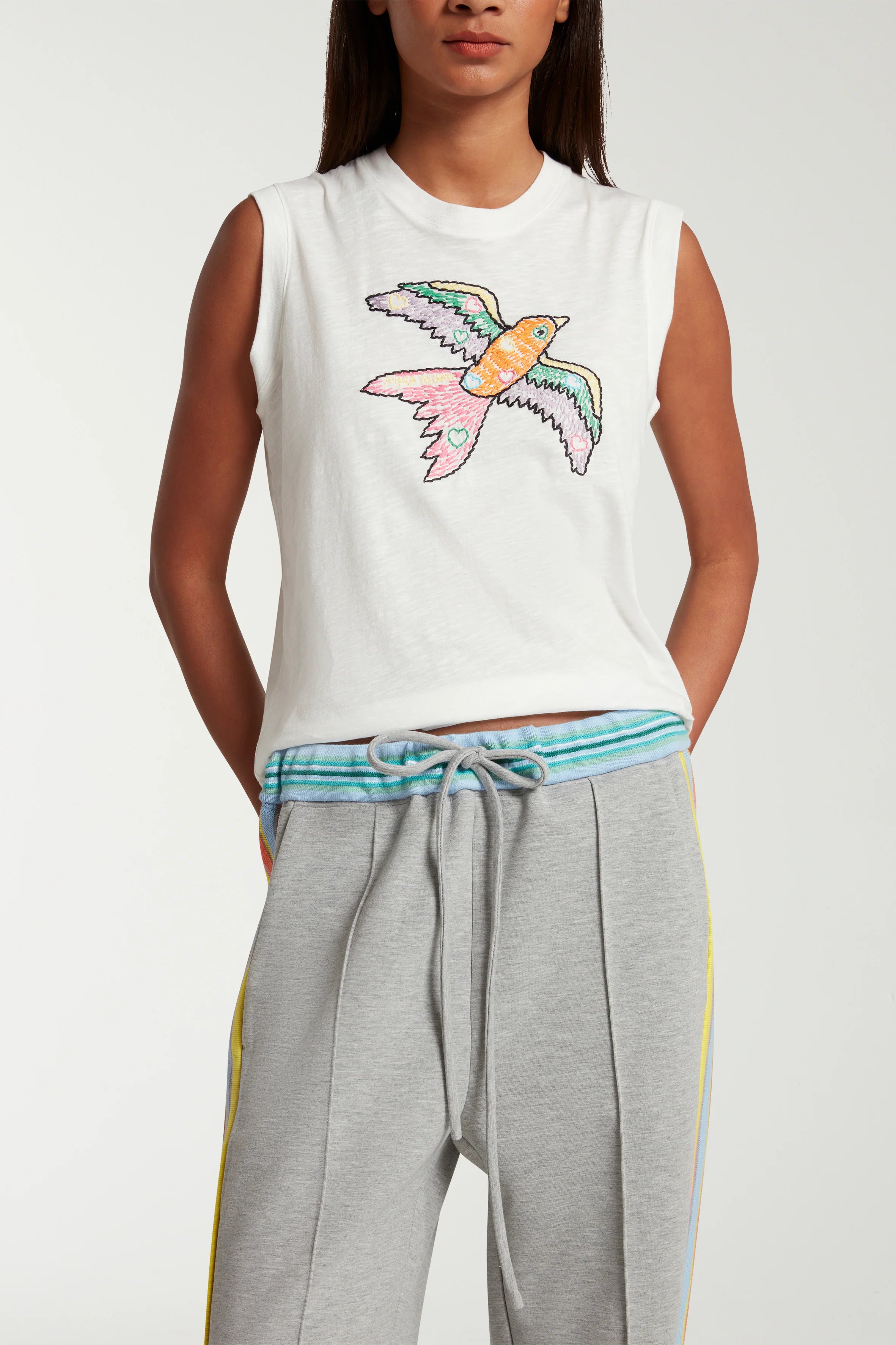 Embroidered Bird Sleeveless T-Shirt