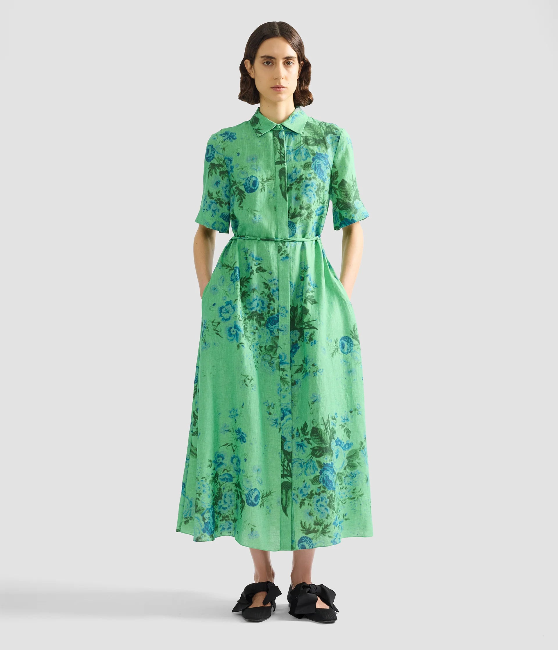 Floral Print Linen Tie-Waist Midi Shirt Dress