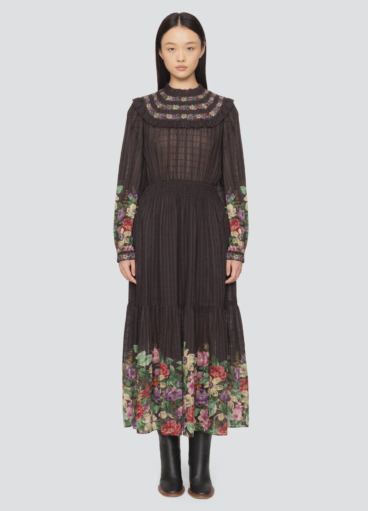 Viktoria Print Long Sleeve Midi Tiered Dress