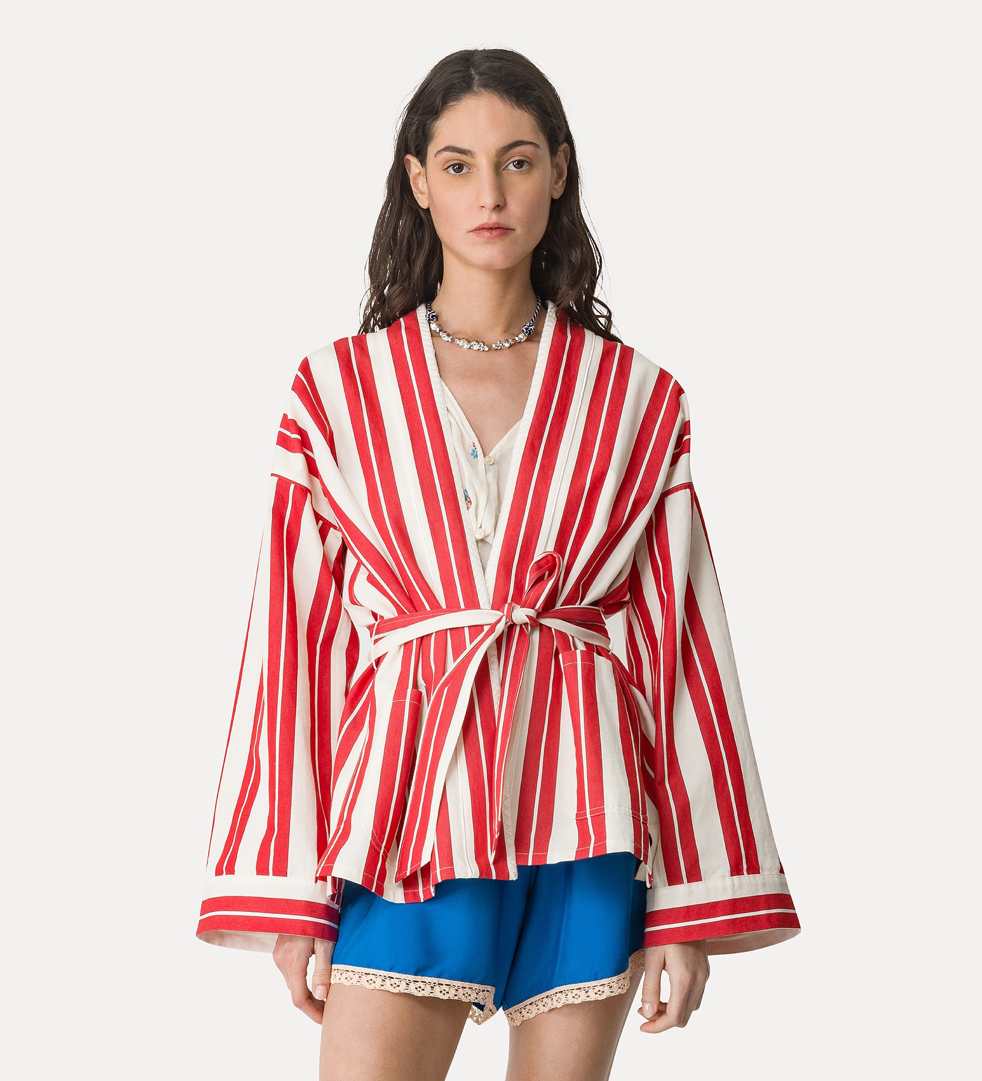 Striped Cotton and Linen Kimono with Embroidery