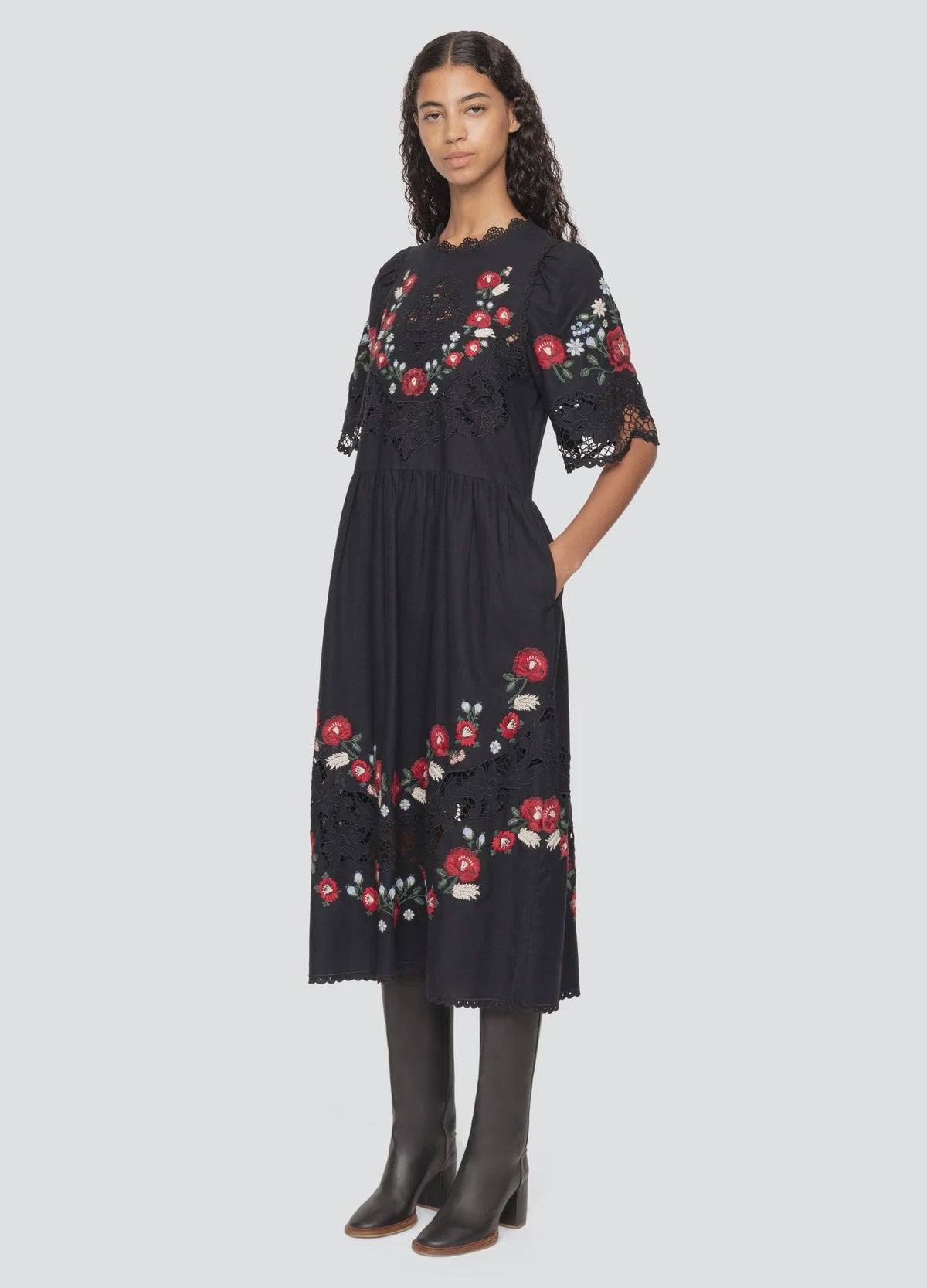 Rosaline Embroidery Short Sleeve Midi Dress