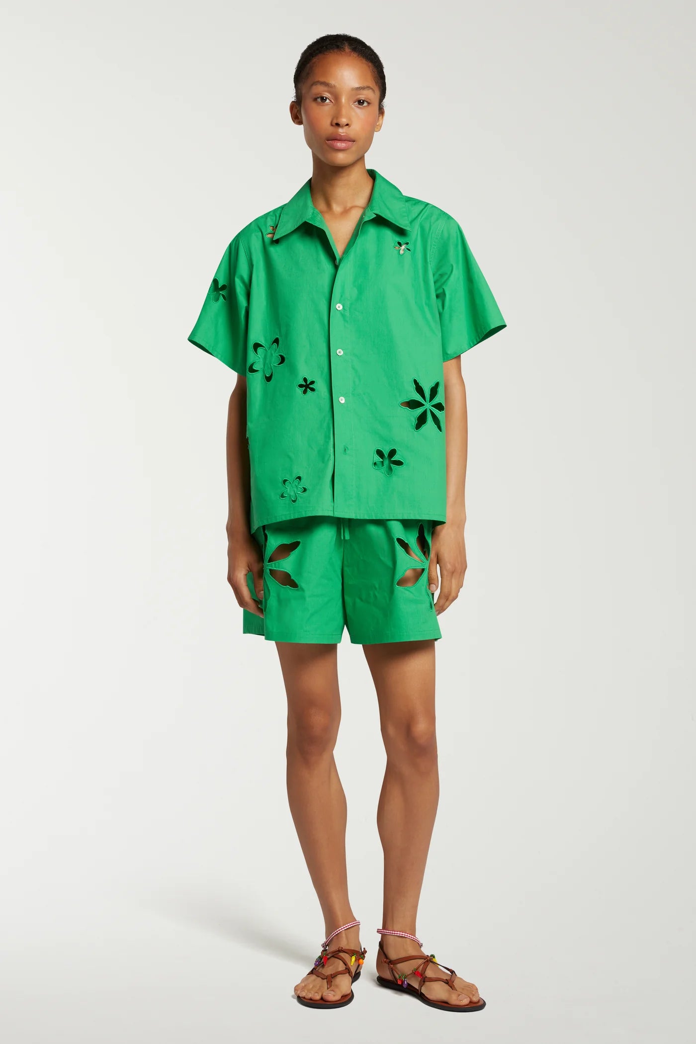 Embroidery Cut Out Flowers Short Sleeve Shirt