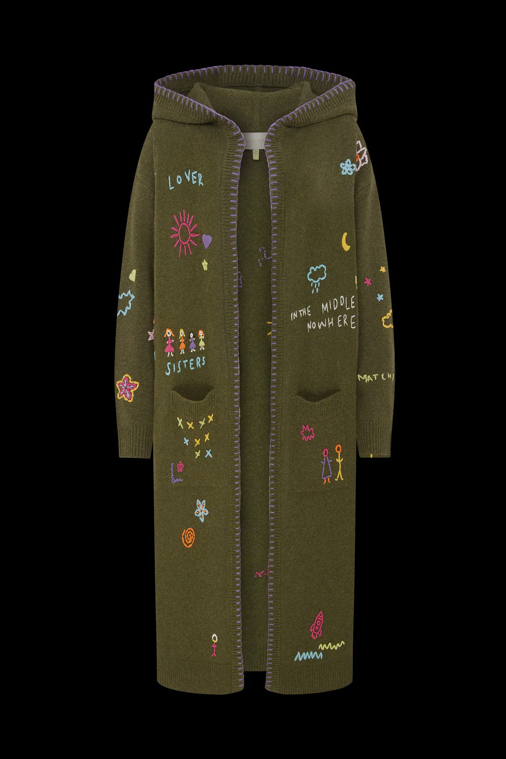 Long Cardigan with Doodle Words Embroidery