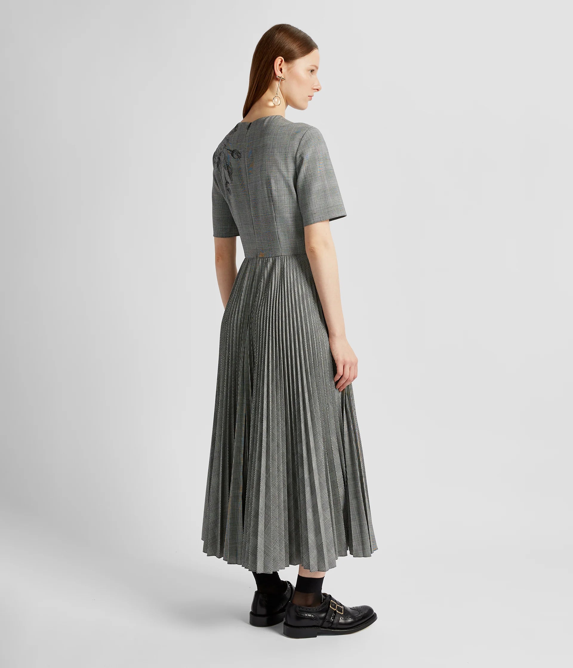 Prince of Wales Short Sleeve Pleated Midi Dress