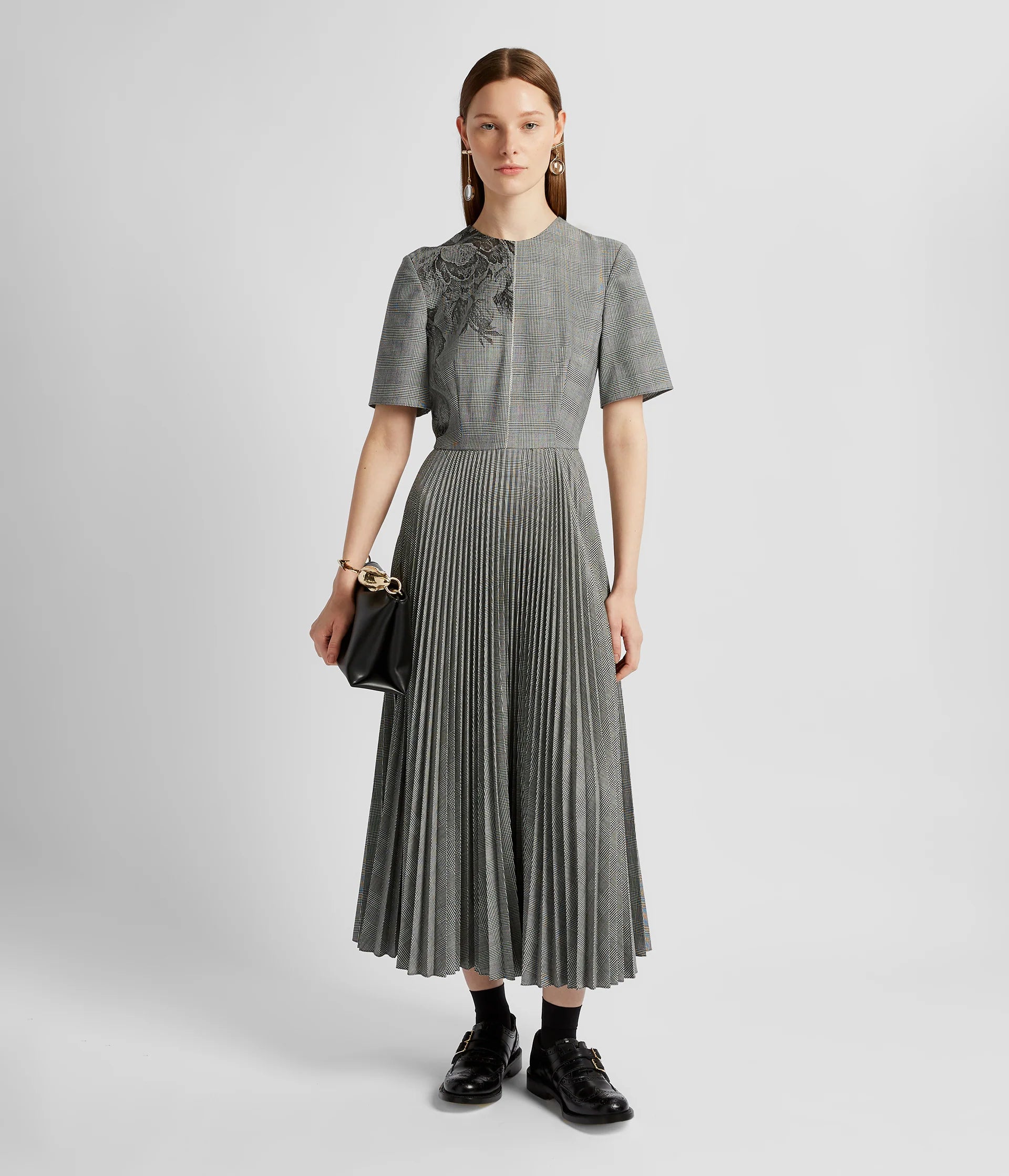Prince of Wales Short Sleeve Pleated Midi Dress