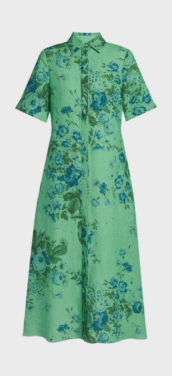 Floral Print Linen Tie-Waist Midi Shirt Dress